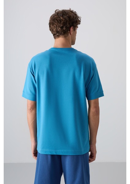 Petrol Mavi Pamuklu Kalın Yumuşak Dokulu Oversize Fit Basic Erkek T-Shirt - 88349