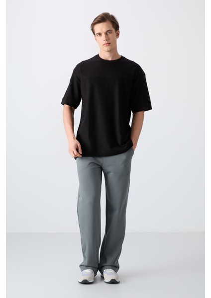 Siyah Pamuklu Kalın Yüzeyi Dokulu Oversize Fit Basic Erkek T-Shirt - 88340