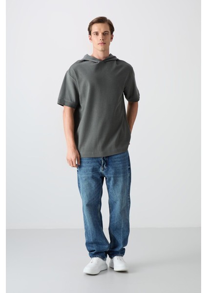 Haki Pamuklu Kalın Yüzeyi Dokulu Oversize Fit Basic Erkek T-Shirt - 88335