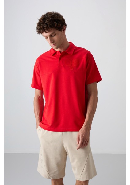 Fiesta Pamuklu Kalın Yumuşak Dokulu Oversize Fit Baskılı Polo Yaka Erkek T-Shirt - 88347