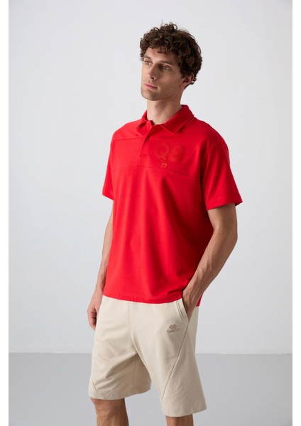 Fiesta Pamuklu Kalın Yumuşak Dokulu Oversize Fit Baskılı Polo Yaka Erkek T-Shirt - 88347