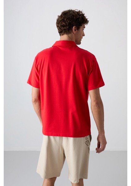 Fiesta Pamuklu Kalın Yumuşak Dokulu Oversize Fit Baskılı Polo Yaka Erkek T-Shirt - 88347