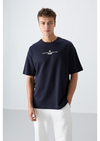 Lacivert Pamuklu Kalın Yumuşak Dokulu Oversize Fit Baskılı Erkek T-Shirt - 88321