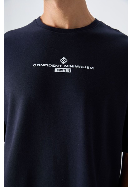 Lacivert Pamuklu Kalın Yumuşak Dokulu Oversize Fit Baskılı Erkek T-Shirt - 88321