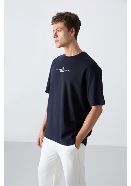 Lacivert Pamuklu Kalın Yumuşak Dokulu Oversize Fit Baskılı Erkek T-Shirt - 88321