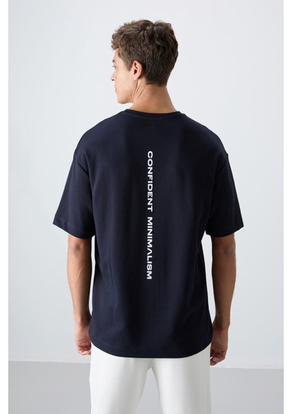 Lacivert Pamuklu Kalın Yumuşak Dokulu Oversize Fit Baskılı Erkek T-Shirt - 88321