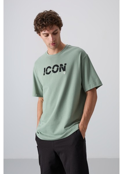 Açık Yeşil Pamuklu Kalın Yumuşak Dokulu Oversize Fit Baskılı Erkek T-Shirt - 88331