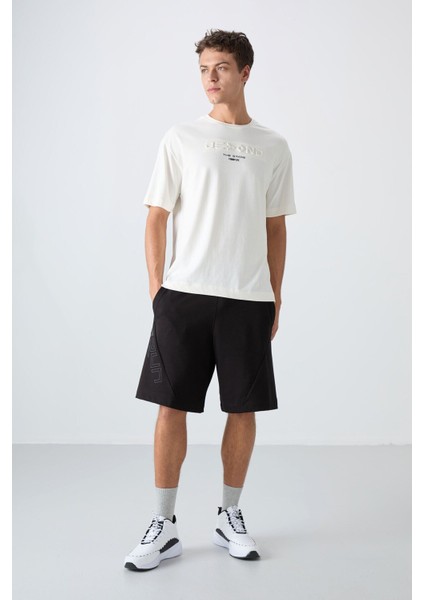 Tommy Life Ekru Pamuklu Kalın Yumuşak Dokulu Oversize Fit Baskılı Erkek T-Shirt - 88328