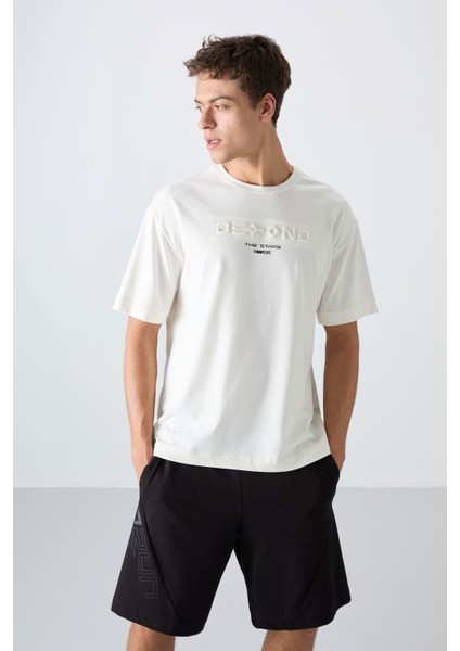 Tommy Life Ekru Pamuklu Kalın Yumuşak Dokulu Oversize Fit Baskılı Erkek T-Shirt - 88328