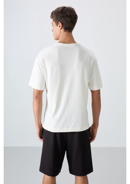 Tommy Life Ekru Pamuklu Kalın Yumuşak Dokulu Oversize Fit Baskılı Erkek T-Shirt - 88328
