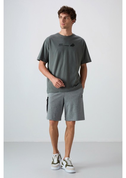 Haki Pamuklu Kalın Yumuşak Dokulu Oversize Fit Baskılı Erkek T-Shirt - 88330