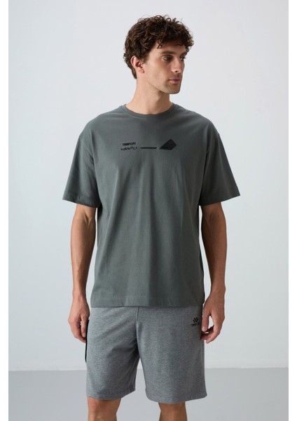 Haki Pamuklu Kalın Yumuşak Dokulu Oversize Fit Baskılı Erkek T-Shirt - 88330