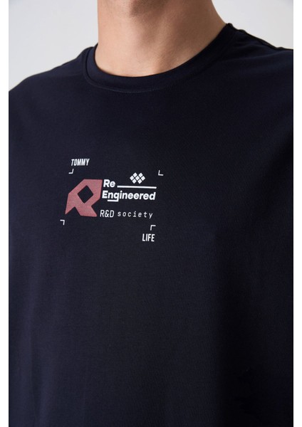 Lacivert Pamuklu Kalın Yumuşak Dokulu Oversize Fit Baskılı Erkek T-Shirt - 88350