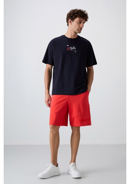 Lacivert Pamuklu Kalın Yumuşak Dokulu Oversize Fit Baskılı Erkek T-Shirt - 88350