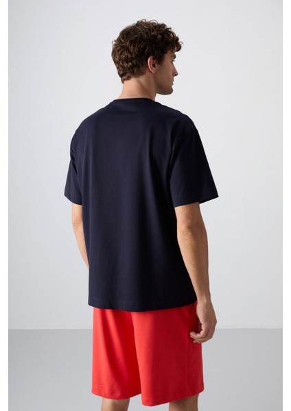 Lacivert Pamuklu Kalın Yumuşak Dokulu Oversize Fit Baskılı Erkek T-Shirt - 88350