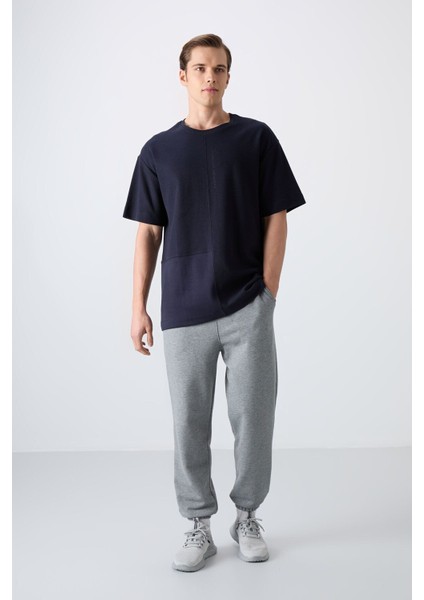 Lacivert Pamuklu Kalın Yüzeyi Dokulu Oversize Fit Basic Erkek T-Shirt - 88337