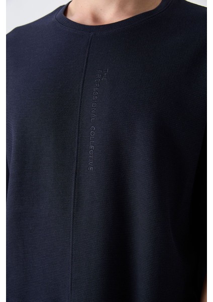 Lacivert Pamuklu Kalın Yüzeyi Dokulu Oversize Fit Basic Erkek T-Shirt - 88337