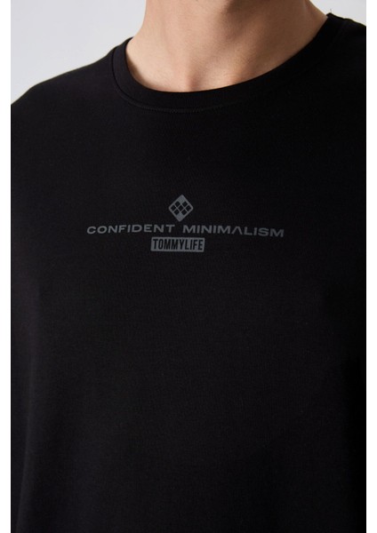 Siyah - Antrasıt Pamuklu Kalın Yumuşak Dokulu Oversize Fit Baskılı Erkek T-Shirt - 88321