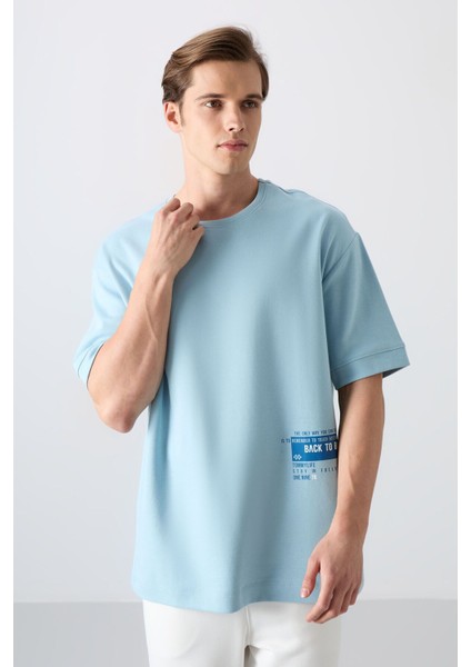 Açık Mavi Pamuklu Kalın Yumuşak Dokulu Oversize Fit Baskılı Erkek T-Shirt - 88322