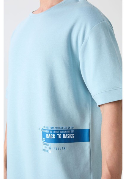 Açık Mavi Pamuklu Kalın Yumuşak Dokulu Oversize Fit Baskılı Erkek T-Shirt - 88322