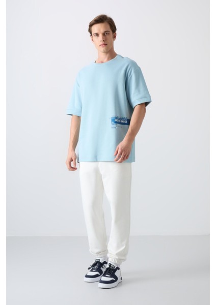 Açık Mavi Pamuklu Kalın Yumuşak Dokulu Oversize Fit Baskılı Erkek T-Shirt - 88322