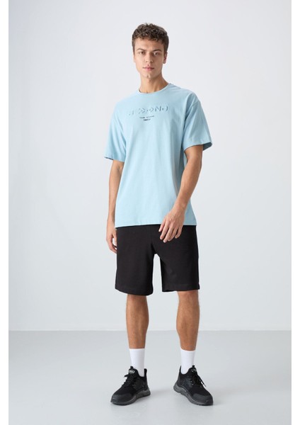Açık Mavi Pamuklu Kalın Yumuşak Dokulu Oversize Fit Baskılı Erkek T-Shirt - 88328