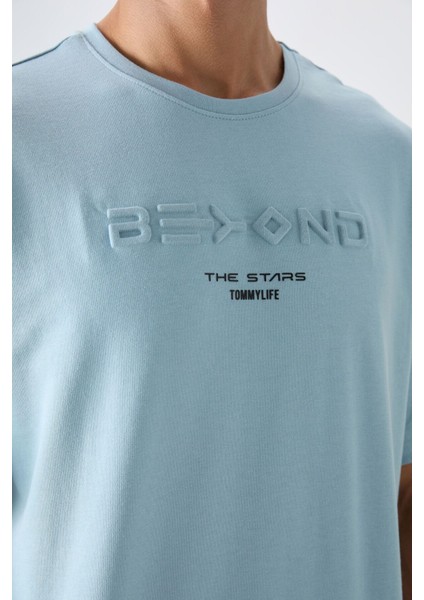 Açık Mavi Pamuklu Kalın Yumuşak Dokulu Oversize Fit Baskılı Erkek T-Shirt - 88328