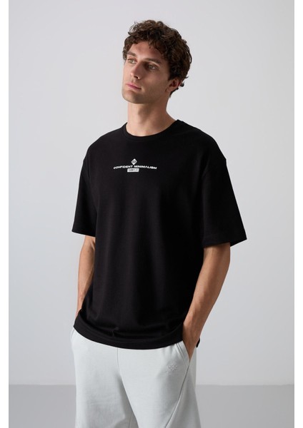 Siyah - Beyaz Pamuklu Kalın Yumuşak Dokulu Oversize Fit Baskılı Erkek T-Shirt - 88321