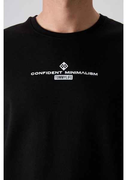 Siyah - Beyaz Pamuklu Kalın Yumuşak Dokulu Oversize Fit Baskılı Erkek T-Shirt - 88321 fiyatları