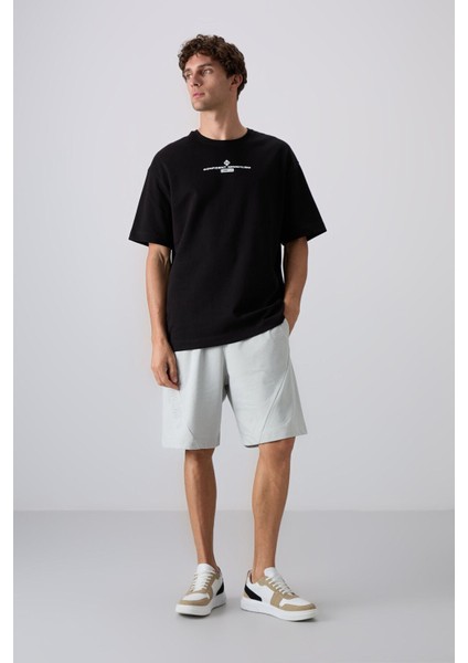 Siyah - Beyaz Pamuklu Kalın Yumuşak Dokulu Oversize Fit Baskılı Erkek T-Shirt - 88321 modelleri
