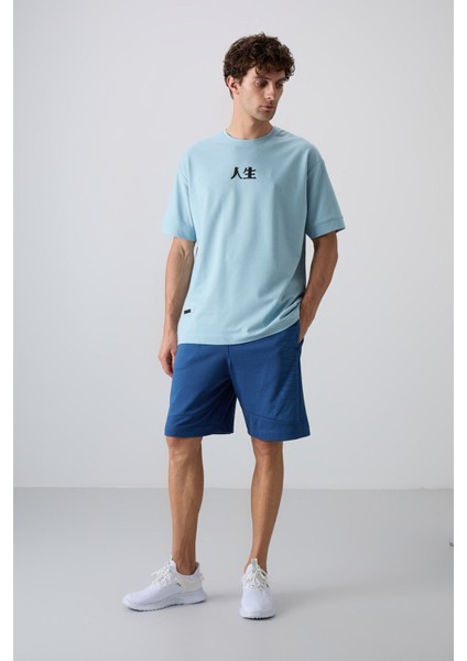 Açık Mavi Pamuklu Kalın Yumuşak Dokulu Oversize Fit Baskılı Erkek T-Shirt - 88342 fiyatları