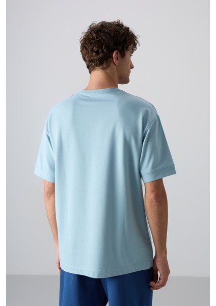 Açık Mavi Pamuklu Kalın Yumuşak Dokulu Oversize Fit Baskılı Erkek T-Shirt - 88342