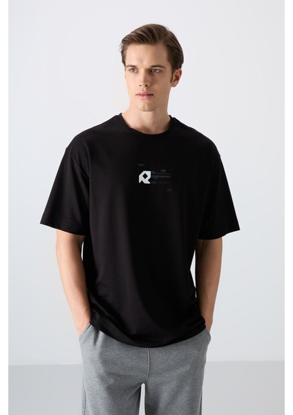 Siyah Pamuklu Kalın Yumuşak Dokulu Oversize Fit Baskılı Erkek T-Shirt - 88350