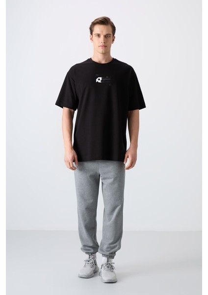 Siyah Pamuklu Kalın Yumuşak Dokulu Oversize Fit Baskılı Erkek T-Shirt - 88350