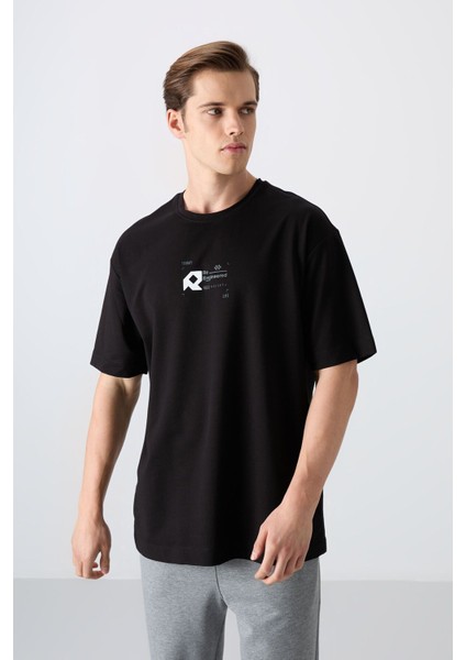Siyah Pamuklu Kalın Yumuşak Dokulu Oversize Fit Baskılı Erkek T-Shirt - 88350
