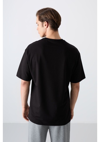 Siyah Pamuklu Kalın Yumuşak Dokulu Oversize Fit Baskılı Erkek T-Shirt - 88350