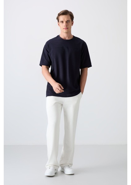 Lacivert Pamuklu Kalın Yumuşak Dokulu Oversize Fit Basic Erkek T-Shirt - 88349