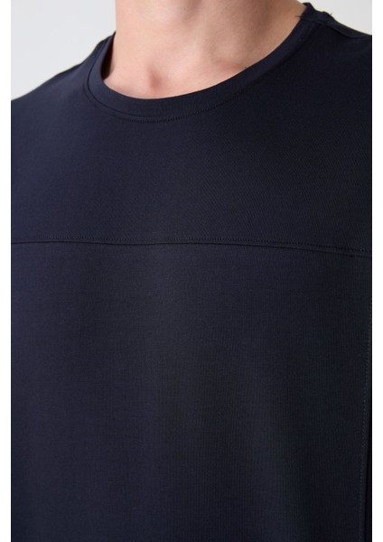 Lacivert Pamuklu Kalın Yumuşak Dokulu Oversize Fit Basic Erkek T-Shirt - 88349