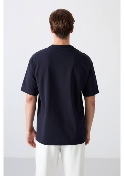 Lacivert Pamuklu Kalın Yumuşak Dokulu Oversize Fit Basic Erkek T-Shirt - 88349