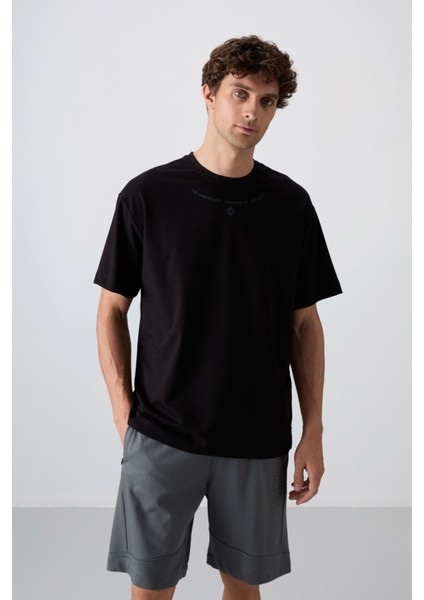 Siyah Pamuklu Kalın Yumuşak Dokulu Oversize Fit Baskılı Erkek T-Shirt - 88343