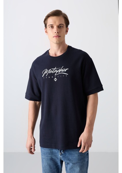 Lacivert Pamuklu Kalın Yumuşak Dokulu Oversize Fit Baskılı Erkek T-Shirt - 88320