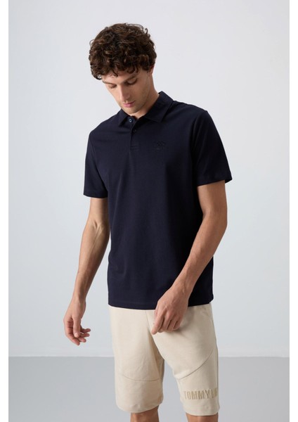 Lacivert Pamuklu Kalın Yumuşak Dokulu Standart Fit Basic Polo Yaka Erkek T-Shirt - 88348