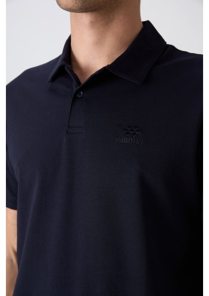 Lacivert Pamuklu Kalın Yumuşak Dokulu Standart Fit Basic Polo Yaka Erkek T-Shirt - 88348