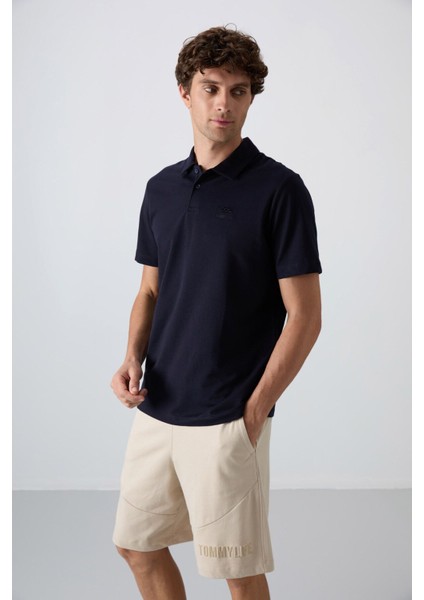 Lacivert Pamuklu Kalın Yumuşak Dokulu Standart Fit Basic Polo Yaka Erkek T-Shirt - 88348