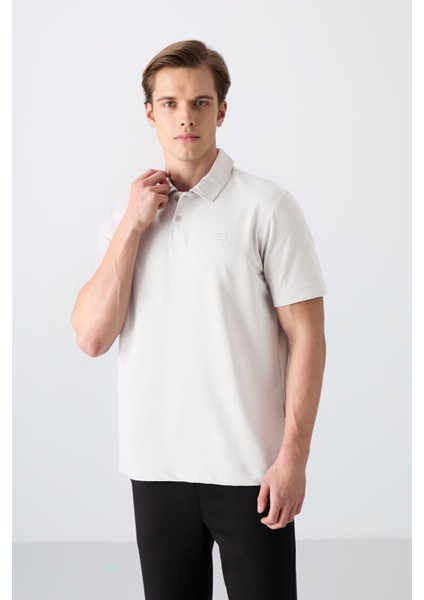 Ekru Basic Logolu Standart Kalıp Triko Polo Yaka Erkek T-Shirt - 87748
