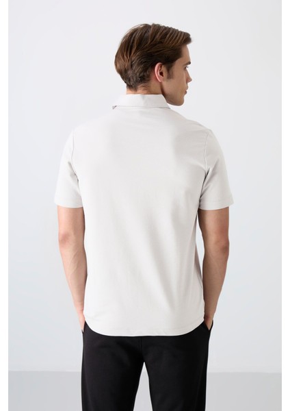 Ekru Basic Logolu Standart Kalıp Triko Polo Yaka Erkek T-Shirt - 87748