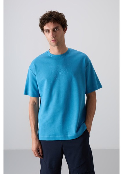Petrol Mavi Pamuklu Kalın Yumuşak Dokulu Oversize Fit Baskılı Erkek T-Shirt - 88324