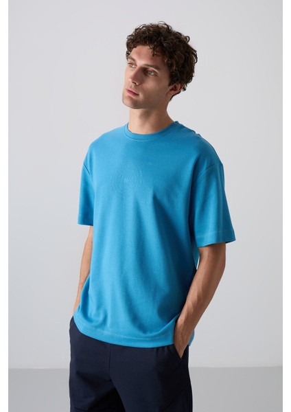 Petrol Mavi Pamuklu Kalın Yumuşak Dokulu Oversize Fit Baskılı Erkek T-Shirt - 88324