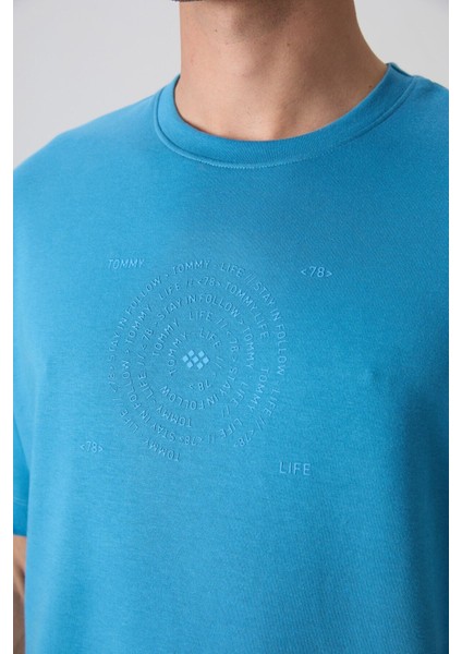 Petrol Mavi Pamuklu Kalın Yumuşak Dokulu Oversize Fit Baskılı Erkek T-Shirt - 88324