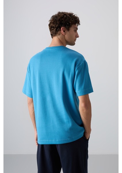 Petrol Mavi Pamuklu Kalın Yumuşak Dokulu Oversize Fit Baskılı Erkek T-Shirt - 88324